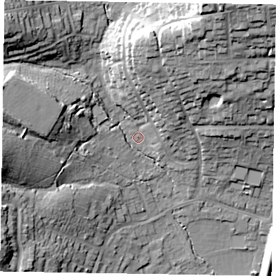 Shaded relief map of the ground around GU113LT, computed from Environment Agency LiDAR. The ground here sits at about 83 m above sea level and falls 37 m across the surrounding 800 m. Surface water reaching this point runs off ground lying to the north-north-east, 23.5 m higher.