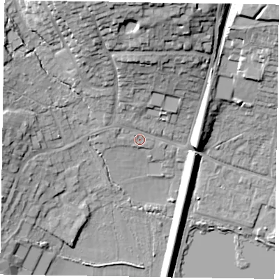 Shaded relief map of the ground around GU113NE, computed from Environment Agency LiDAR. The ground here sits at about 78 m above sea level and falls 26 m across the surrounding 800 m. Surface water reaching this point runs off ground lying to the north, 21.2 m higher.