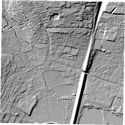Shaded relief map of the ground around GU113NF, computed from Environment Agency LiDAR. The ground here sits at about 79 m above sea level and falls 28 m across the surrounding 800 m. Surface water reaching this point runs off ground lying to the north, 12.2 m higher.