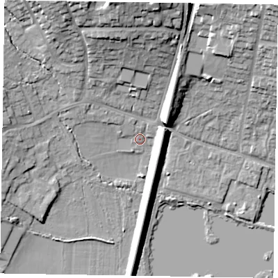 Shaded relief map of the ground around GU113QN, computed from Environment Agency LiDAR. The ground here sits at about 77 m above sea level and falls 25 m across the surrounding 800 m. Surface water reaching this point runs off ground lying to the north, 19.7 m higher.