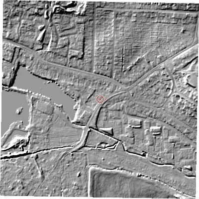 Shaded relief map of the ground around GU113RD, computed from Environment Agency LiDAR. The ground here sits at about 74 m above sea level and falls 19 m across the surrounding 800 m. Surface water reaching this point runs off ground lying to the north-east, 15.7 m higher.