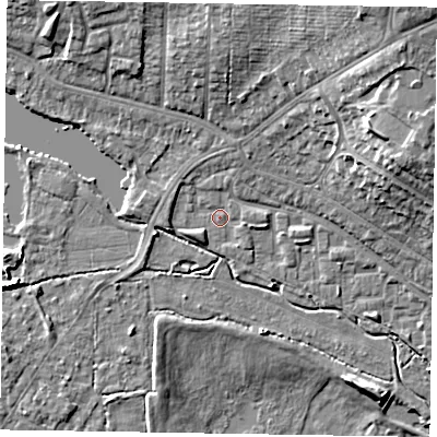 Shaded relief map of the ground around GU113RJ, computed from Environment Agency LiDAR. The ground here sits at about 73 m above sea level and falls 17 m across the surrounding 800 m. Surface water reaching this point runs off ground lying to the north-north-east, 1.2 m higher.