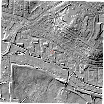 Shaded relief map of the ground around GU113RN, computed from Environment Agency LiDAR. The ground here sits at about 73 m above sea level and falls 16 m across the surrounding 800 m. Surface water reaching this point runs off ground lying to the north-north-east, 2.7 m higher.