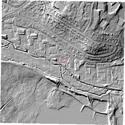 Shaded relief map of the ground around GU113RP, computed from Environment Agency LiDAR. The ground here sits at about 72 m above sea level and falls 16 m across the surrounding 800 m. Surface water reaching this point runs off ground lying to the north-east, 9.6 m higher.