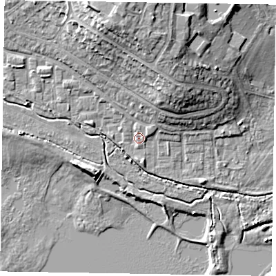 Shaded relief map of the ground around GU113RR, computed from Environment Agency LiDAR. The ground here sits at about 73 m above sea level and falls 16 m across the surrounding 800 m. Surface water reaching this point runs off ground lying to the north-north-east, 8.8 m higher.