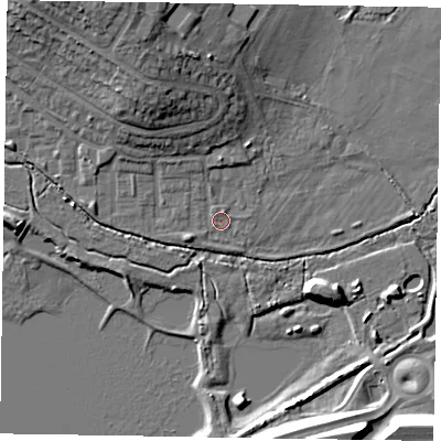 Shaded relief map of the ground around GU113RU, computed from Environment Agency LiDAR. The ground here sits at about 72 m above sea level and falls 16 m across the surrounding 800 m. Surface water reaching this point runs off ground lying to the north-north-west, 8.5 m higher.