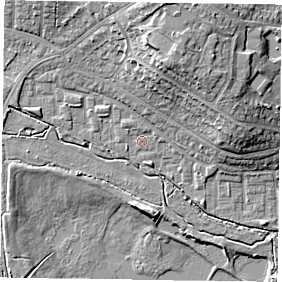 Shaded relief map of the ground around GU113RW, computed from Environment Agency LiDAR. The ground here sits at about 73 m above sea level and falls 17 m across the surrounding 800 m. Surface water reaching this point runs off ground lying to the north-north-east, 8.0 m higher.