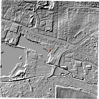 Shaded relief map of the ground around GU113RY, computed from Environment Agency LiDAR. The ground here sits at about 74 m above sea level and falls 19 m across the surrounding 800 m. Surface water reaching this point runs off ground lying to the north-east, 17.2 m higher.