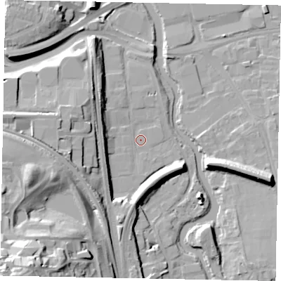 Shaded relief map of the ground around GU11AA, computed from Environment Agency LiDAR. The ground here sits at about 32 m above sea level and falls 38 m across the surrounding 800 m. Surface water reaching this point runs off ground lying to the west, 0.8 m higher.