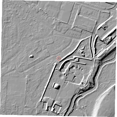 Shaded relief map of the ground around GU11AD, computed from Environment Agency LiDAR. The ground here sits at about 31 m above sea level and falls 9 m across the surrounding 800 m. Surface water reaching this point runs off ground lying to the south-south-west, 2.8 m higher.