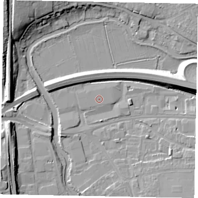 Shaded relief map of the ground around GU11AG, computed from Environment Agency LiDAR. The ground here sits at about 31 m above sea level and falls 18 m across the surrounding 800 m. The ground contributing surface water to this point lies to the south-west.