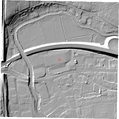 Shaded relief map of the ground around GU11AJ, computed from Environment Agency LiDAR. The ground here sits at about 31 m above sea level and falls 16 m across the surrounding 800 m. The ground contributing surface water to this point lies to the south-east.