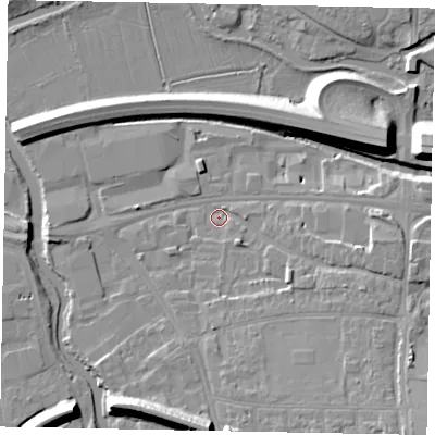 Shaded relief map of the ground around GU11BT, computed from Environment Agency LiDAR. The ground here sits at about 30 m above sea level and falls 14 m across the surrounding 800 m. Surface water reaching this point runs off ground lying to the south-east, 7.8 m higher.