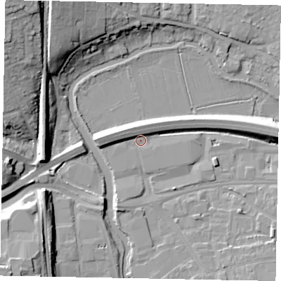 Shaded relief map of the ground around GU11BU, computed from Environment Agency LiDAR. The ground here sits at about 30 m above sea level and falls 22 m across the surrounding 800 m. Surface water reaching this point runs off ground lying to the west, 4.5 m higher.