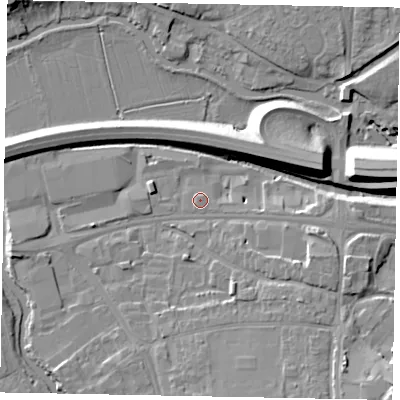Shaded relief map of the ground around GU11BZ, computed from Environment Agency LiDAR. The ground here sits at about 31 m above sea level and falls 12 m across the surrounding 800 m. Surface water reaching this point runs off ground lying to the north-north-east, 0.8 m higher.