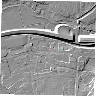 Shaded relief map of the ground around GU11DB, computed from Environment Agency LiDAR. The ground here sits at about 30 m above sea level and falls 14 m across the surrounding 800 m. Surface water reaching this point runs off ground lying to the east-south-east, 2.0 m higher.