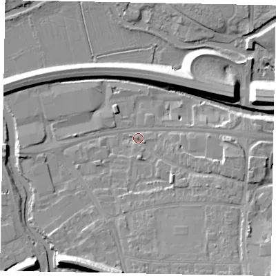 Shaded relief map of the ground around GU11DL, computed from Environment Agency LiDAR. The ground here sits at about 31 m above sea level and falls 14 m across the surrounding 800 m. Surface water reaching this point runs off ground lying to the south-east, 7.3 m higher.