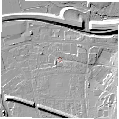 Shaded relief map of the ground around GU11DN, computed from Environment Agency LiDAR. The ground here sits at about 32 m above sea level and falls 20 m across the surrounding 800 m. Surface water reaching this point runs off ground lying to the east-south-east, 2.8 m higher.