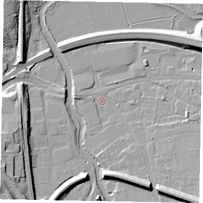 Shaded relief map of the ground around GU11DP, computed from Environment Agency LiDAR. The ground here sits at about 31 m above sea level and falls 18 m across the surrounding 800 m. Surface water reaching this point runs off ground lying to the south-east, 13.7 m higher.