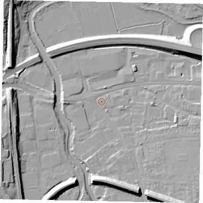 Shaded relief map of the ground around GU11DT, computed from Environment Agency LiDAR. The ground here sits at about 31 m above sea level and falls 15 m across the surrounding 800 m. Surface water reaching this point runs off ground lying to the south-east, 13.0 m higher.
