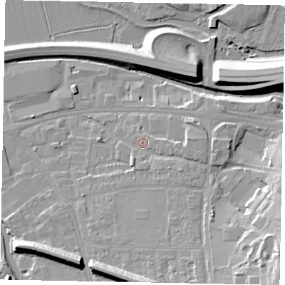 Shaded relief map of the ground around GU11DW, computed from Environment Agency LiDAR. The ground here sits at about 32 m above sea level and falls 20 m across the surrounding 800 m. Surface water reaching this point runs off ground lying to the south-east, 2.8 m higher.