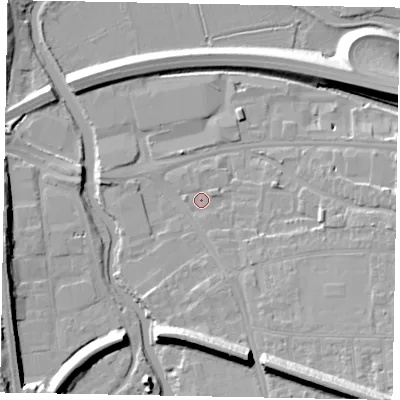 Shaded relief map of the ground around GU11DX, computed from Environment Agency LiDAR. The ground here sits at about 31 m above sea level and falls 17 m across the surrounding 800 m. Surface water reaching this point runs off ground lying to the north-east, 0.7 m higher.