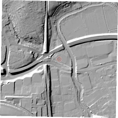 Shaded relief map of the ground around GU11EE, computed from Environment Agency LiDAR. The ground here sits at about 31 m above sea level and falls 21 m across the surrounding 800 m. Surface water reaching this point runs off ground lying to the west-south-west, 1.0 m higher.