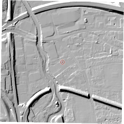 Shaded relief map of the ground around GU11EF, computed from Environment Agency LiDAR. The ground here sits at about 31 m above sea level and falls 21 m across the surrounding 800 m. Surface water reaching this point runs off ground lying to the south-east, 1.8 m higher.