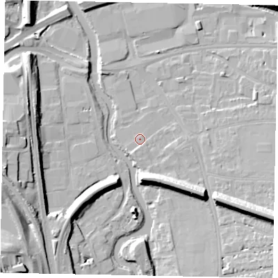 Shaded relief map of the ground around GU11EH, computed from Environment Agency LiDAR. The ground here sits at about 31 m above sea level and falls 26 m across the surrounding 800 m. Surface water reaching this point runs off ground lying to the south-east, 10.7 m higher.