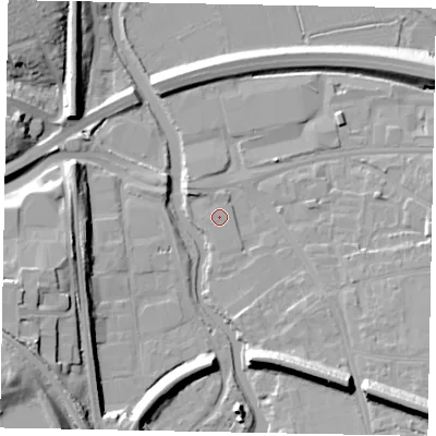 Shaded relief map of the ground around GU11EL, computed from Environment Agency LiDAR. The ground here sits at about 31 m above sea level and falls 20 m across the surrounding 800 m. The ground contributing surface water to this point lies to the north-north-east.
