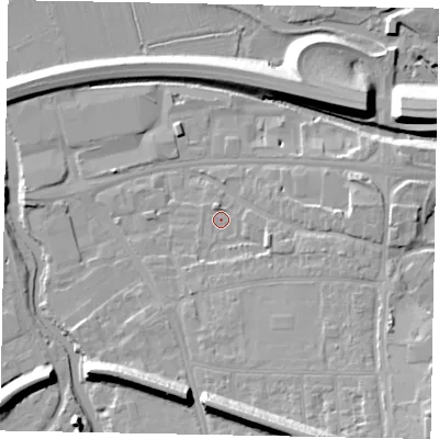 Shaded relief map of the ground around GU11EW, computed from Environment Agency LiDAR. The ground here sits at about 31 m above sea level and falls 17 m across the surrounding 800 m. Surface water reaching this point runs off ground lying to the south-east, 8.3 m higher.