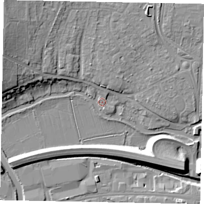 Shaded relief map of the ground around GU11FD, computed from Environment Agency LiDAR. The ground here sits at about 31 m above sea level and falls 15 m across the surrounding 800 m. Surface water reaching this point runs off ground lying to the north-north-east, 2.2 m higher.