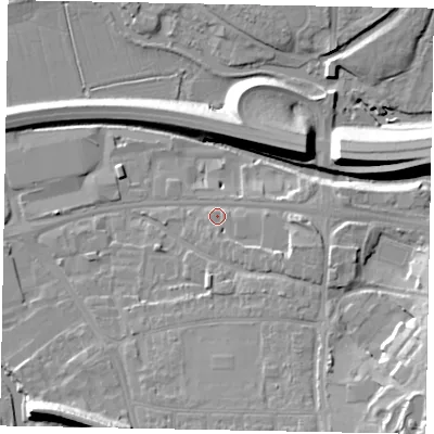 Shaded relief map of the ground around GU11FL, computed from Environment Agency LiDAR. The ground here sits at about 31 m above sea level and falls 18 m across the surrounding 800 m. Surface water reaching this point runs off ground lying to the east-south-east, 3.7 m higher.