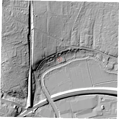 Shaded relief map of the ground around GU11HN, computed from Environment Agency LiDAR. The ground here sits at about 31 m above sea level and falls 25 m across the surrounding 800 m. Surface water reaching this point runs off ground lying to the north-west, 15.9 m higher.