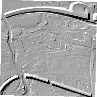 Shaded relief map of the ground around GU11HR, computed from Environment Agency LiDAR. The ground here sits at about 31 m above sea level and falls 18 m across the surrounding 800 m. Surface water reaching this point runs off ground lying to the east-north-east, 0.5 m higher.
