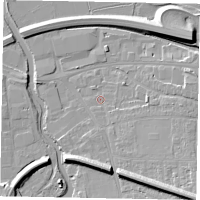 Shaded relief map of the ground around GU11HS, computed from Environment Agency LiDAR. The ground here sits at about 31 m above sea level and falls 18 m across the surrounding 800 m. Surface water reaching this point runs off ground lying to the south-south-east, 2.1 m higher.
