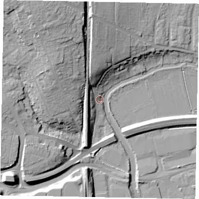 Shaded relief map of the ground around GU11HX, computed from Environment Agency LiDAR. The ground here sits at about 31 m above sea level and falls 25 m across the surrounding 800 m. Surface water reaching this point runs off ground lying to the north-west, 24.0 m higher.