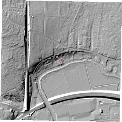 Shaded relief map of the ground around GU11HY, computed from Environment Agency LiDAR. The ground here sits at about 31 m above sea level and falls 25 m across the surrounding 800 m. Surface water reaching this point runs off ground lying to the north-west, 15.3 m higher.