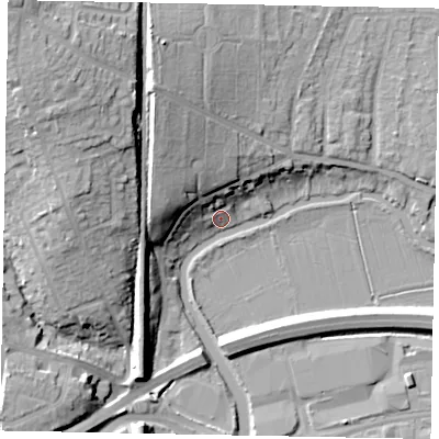 Shaded relief map of the ground around GU11JD, computed from Environment Agency LiDAR. The ground here sits at about 31 m above sea level and falls 27 m across the surrounding 800 m. Surface water reaching this point runs off ground lying to the north-west, 25.3 m higher.