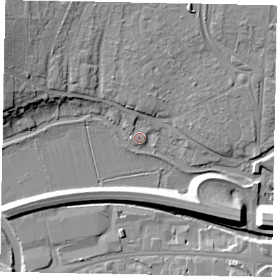 Shaded relief map of the ground around GU11LA, computed from Environment Agency LiDAR. The ground here sits at about 31 m above sea level and falls 14 m across the surrounding 800 m. Surface water reaching this point runs off ground lying to the north-north-west, 2.2 m higher.