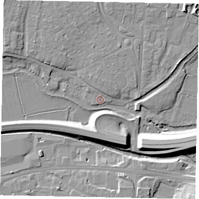 Shaded relief map of the ground around GU11LD, computed from Environment Agency LiDAR. The ground here sits at about 30 m above sea level and falls 12 m across the surrounding 800 m. Surface water reaching this point runs off ground lying to the north, 1.5 m higher.