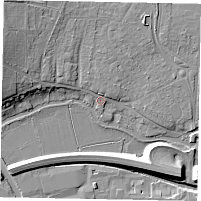 Shaded relief map of the ground around GU11LH, computed from Environment Agency LiDAR. The ground here sits at about 31 m above sea level and falls 15 m across the surrounding 800 m. Surface water reaching this point runs off ground lying to the west-north-west, 10.9 m higher.