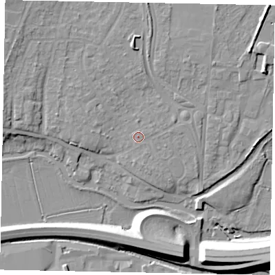 Shaded relief map of the ground around GU11LL, computed from Environment Agency LiDAR. The ground here sits at about 32 m above sea level and falls 12 m across the surrounding 800 m. Surface water reaching this point runs off ground lying to the north-north-west, 0.6 m higher.