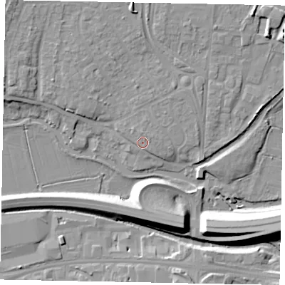 Shaded relief map of the ground around GU11LW, computed from Environment Agency LiDAR. The ground here sits at about 32 m above sea level and falls 12 m across the surrounding 800 m. Surface water reaching this point runs off ground lying to the north-north-east, 1.5 m higher.