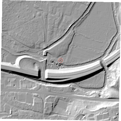 Shaded relief map of the ground around GU11QA, computed from Environment Agency LiDAR. The ground here sits at about 29 m above sea level and falls 22 m across the surrounding 800 m. Surface water reaching this point runs off ground lying to the west-north-west, 3.3 m higher.
