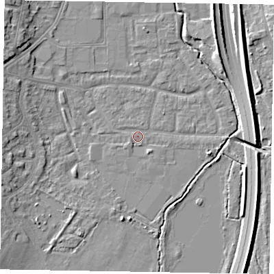 Shaded relief map of the ground around GU124AR, computed from Environment Agency LiDAR. The ground here sits at about 71 m above sea level and falls 12 m across the surrounding 800 m. Surface water reaching this point runs off ground lying to the south-east, 1.4 m higher.