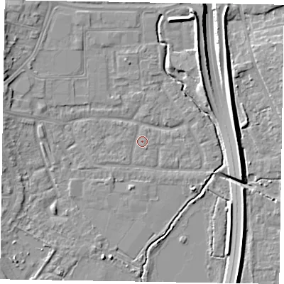 Shaded relief map of the ground around GU124AU, computed from Environment Agency LiDAR. The ground here sits at about 71 m above sea level and falls 12 m across the surrounding 800 m. Surface water reaching this point runs off ground lying to the east-south-east, 2.1 m higher.