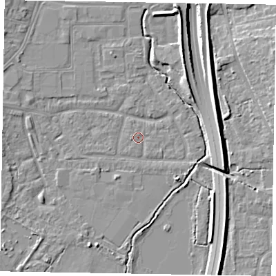 Shaded relief map of the ground around GU124AX, computed from Environment Agency LiDAR. The ground here sits at about 71 m above sea level and falls 12 m across the surrounding 800 m. Surface water reaching this point runs off ground lying to the west-south-west, 0.8 m higher.