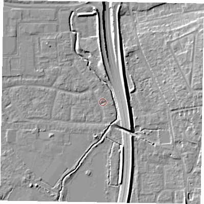 Shaded relief map of the ground around GU124AY, computed from Environment Agency LiDAR. The ground here sits at about 71 m above sea level and falls 16 m across the surrounding 800 m. Surface water reaching this point runs off ground lying to the north-north-east, 1.0 m higher.