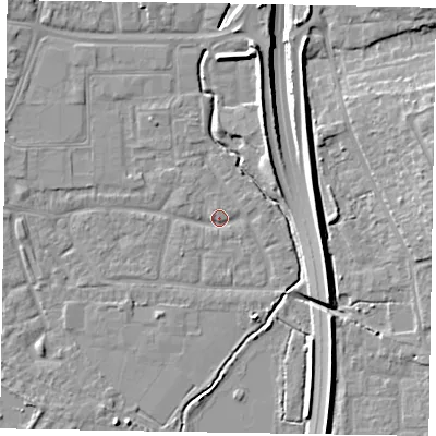 Shaded relief map of the ground around GU124BA, computed from Environment Agency LiDAR. The ground here sits at about 71 m above sea level and falls 14 m across the surrounding 800 m. Surface water reaching this point runs off ground lying to the south-south-west, 3.0 m higher.